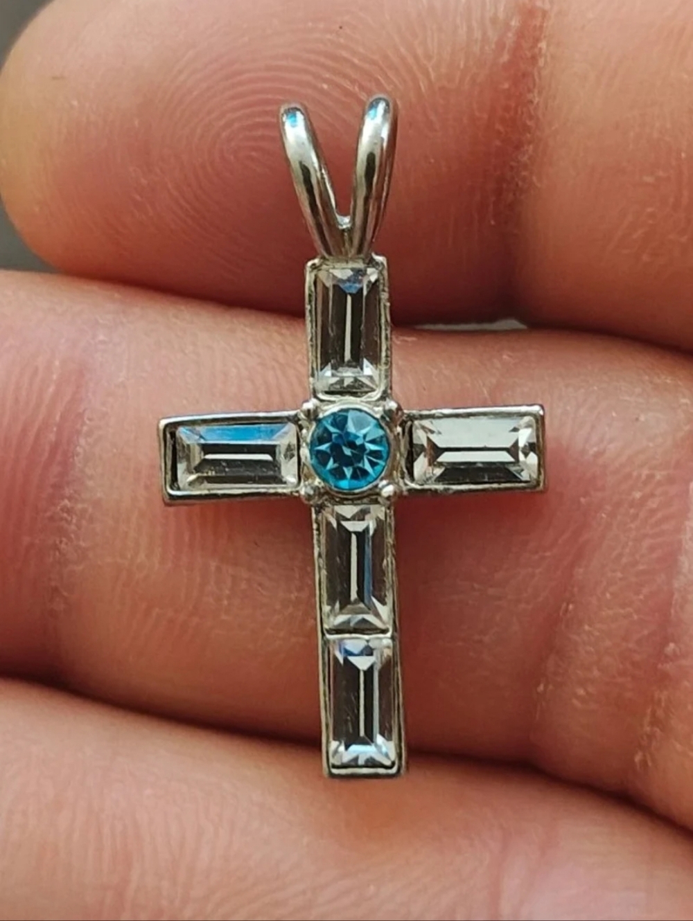 1990s Silver Tone With Clear and Blue Rhinestones Cross Pendant